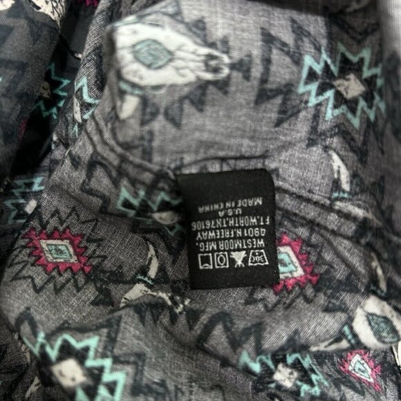 Rock & Roll Denim Green Southwestern Cattle Skull Print Long Sleeve Snap Size XL - Picture 8 of 11